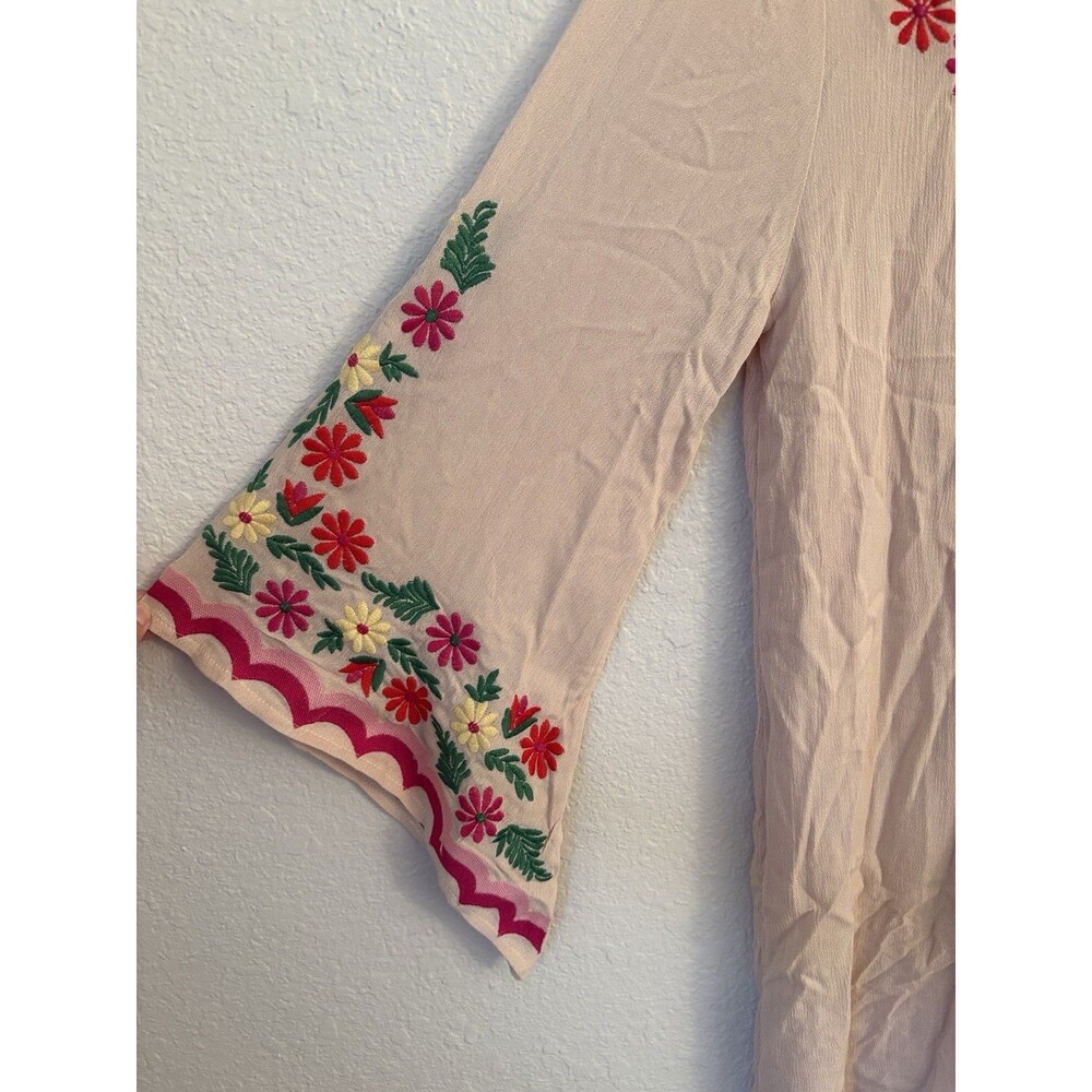 Velzera Womens Embroidered Floral Tunic Dress Small Bell Sleeve - Picture 3 of 4